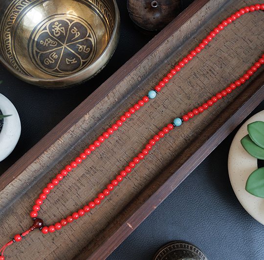 Coral Stone Prayer Mala With Turquoise Stone Spacer