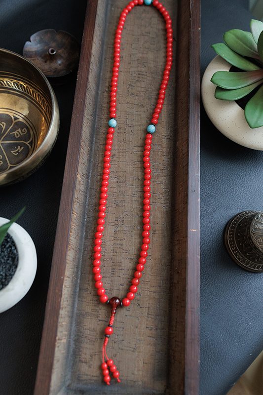 Coral Stone Prayer Mala With Turquoise Stone Spacer - Image 7