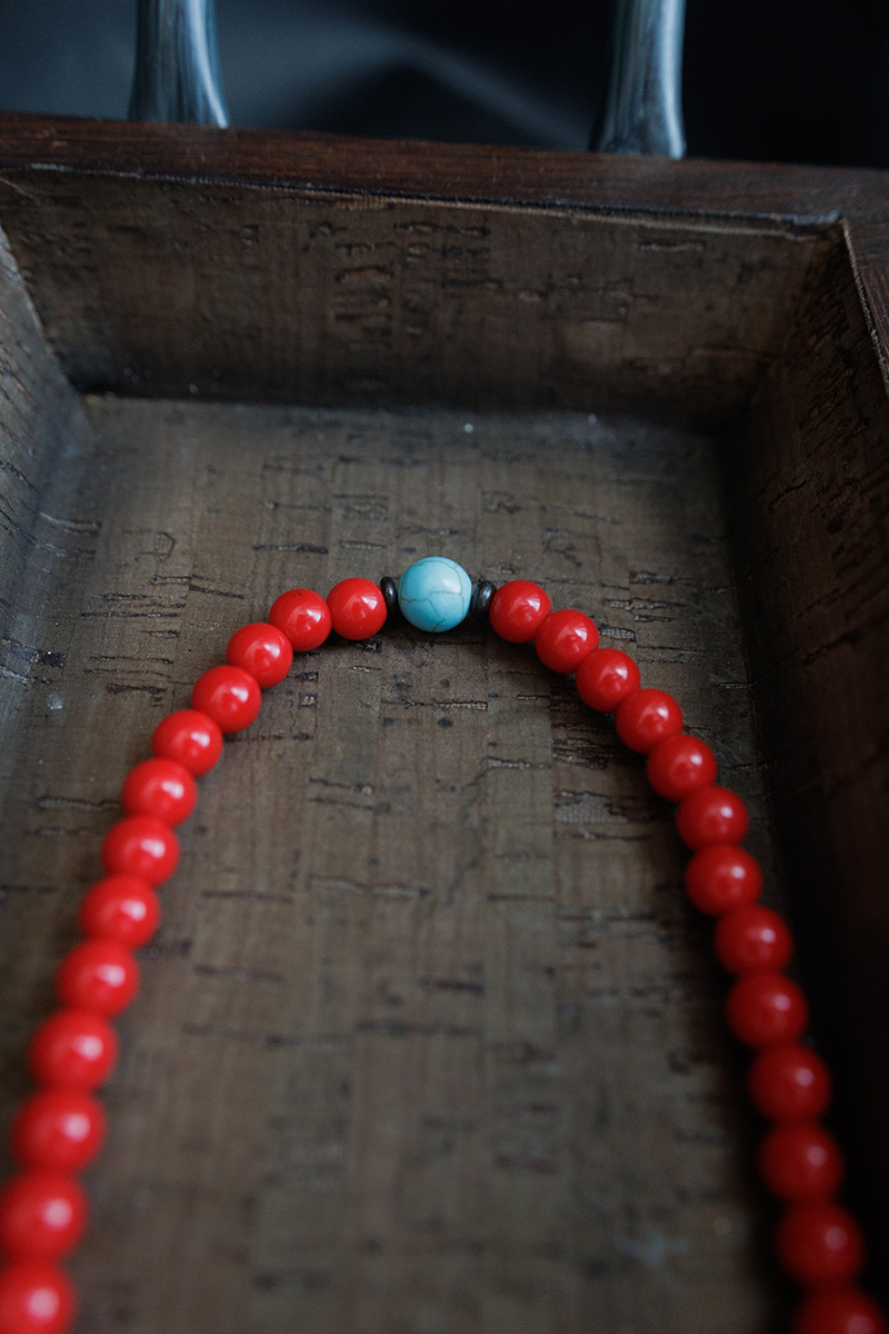 Coral Stone Prayer Mala With Turquoise Stone Spacer - Image 2