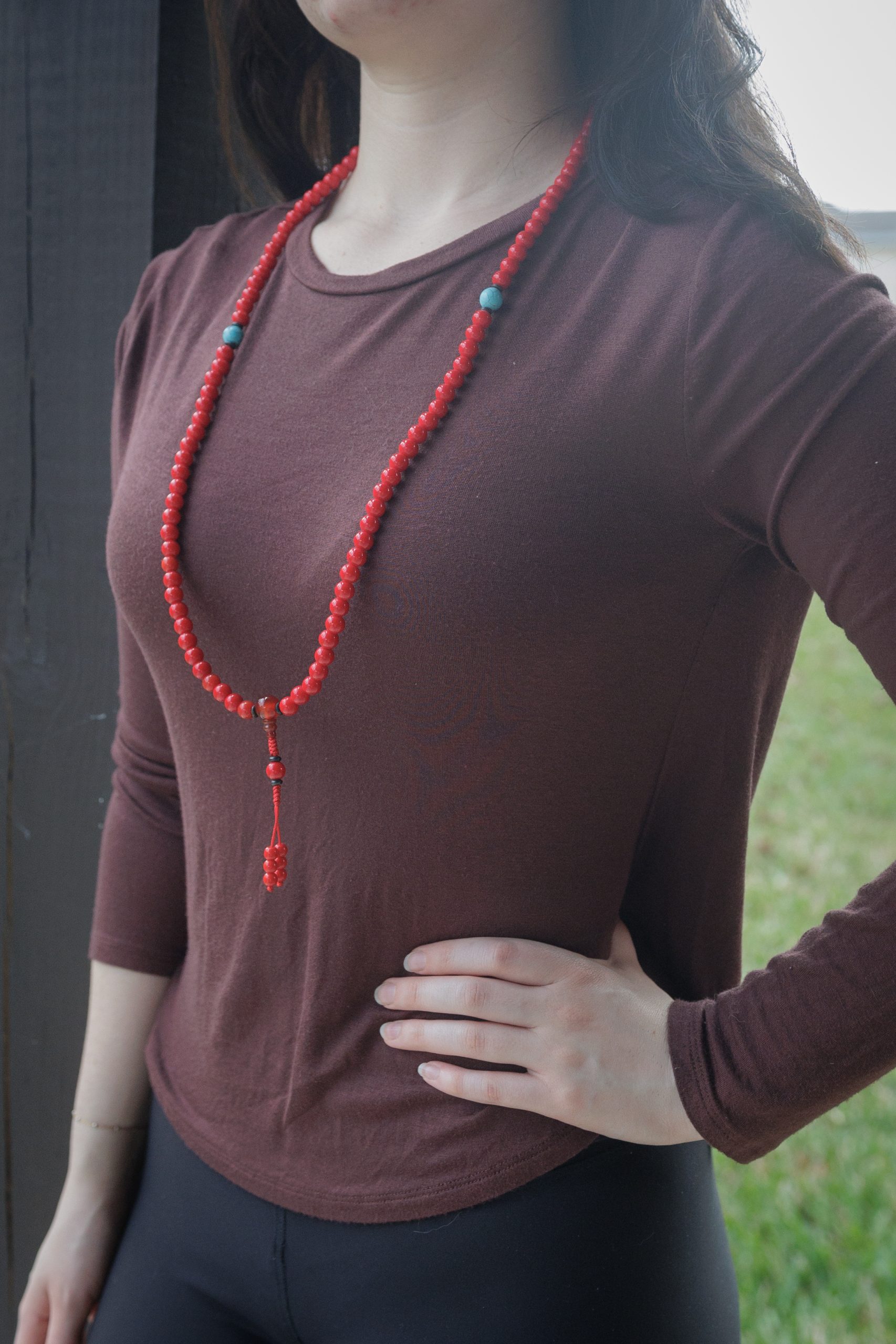 Coral Stone Prayer Mala With Turquoise Stone Spacer - Image 3