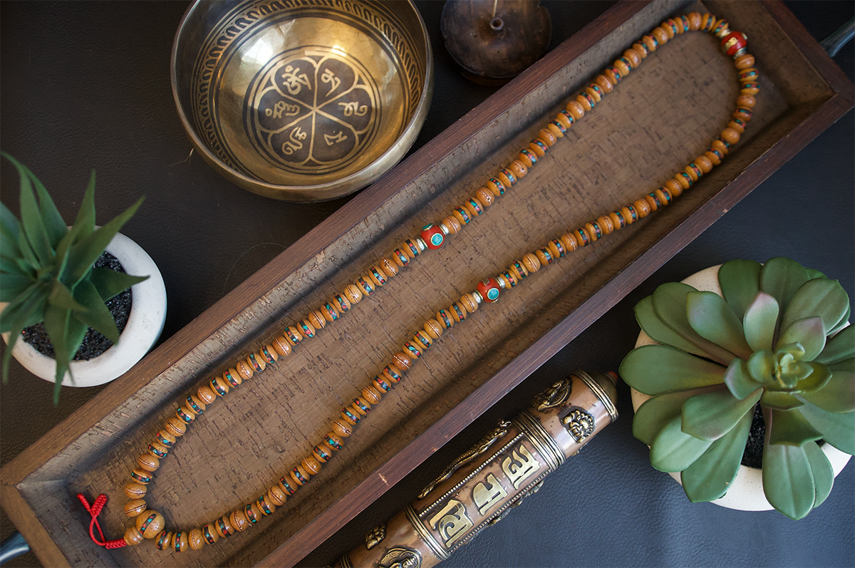 Antique Inlay Bodhi Seed Prayer Mala